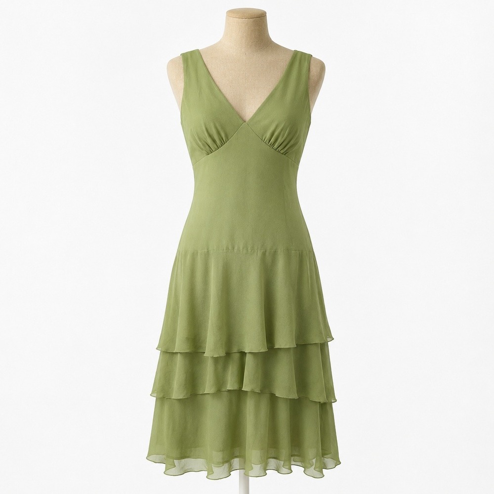 Vintage Y2K 100% Silk Tiered Babydoll Dress Size 6 Green